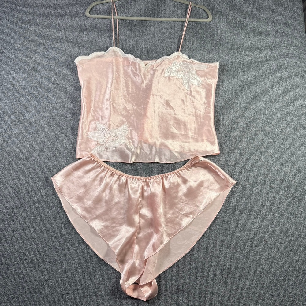 Victoria's Secret Pajama Set Womens L Pink Gold Label Satin Floral Applique